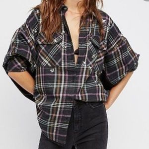 Free People Plaid Button Down Shirt - Black and Purple
